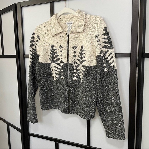 [M] Vintage Creme, Brown & Grey Speckled Winter Forest Zip-Up Knit Sweater Women - Picture 4 of 14